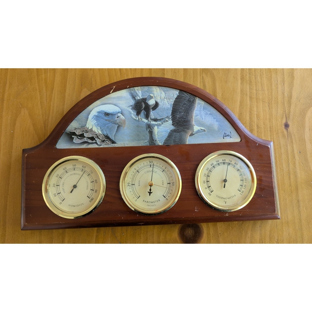 Al Agnew Bald Eagle Weather Station Wood Barometer Thermometer Humidity